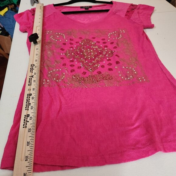 Southpole Shirt Womens XL Pink Lace Sheer Graphic Rhinestone Short Sleeve Top - Picture 12 of 16